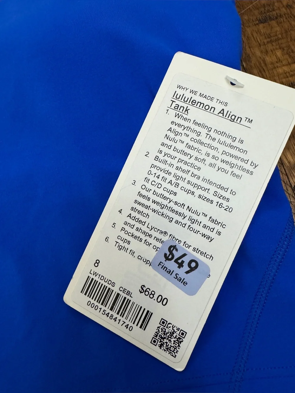 NWT Lululemon Align Tank Size 8 in Cerulean Blue